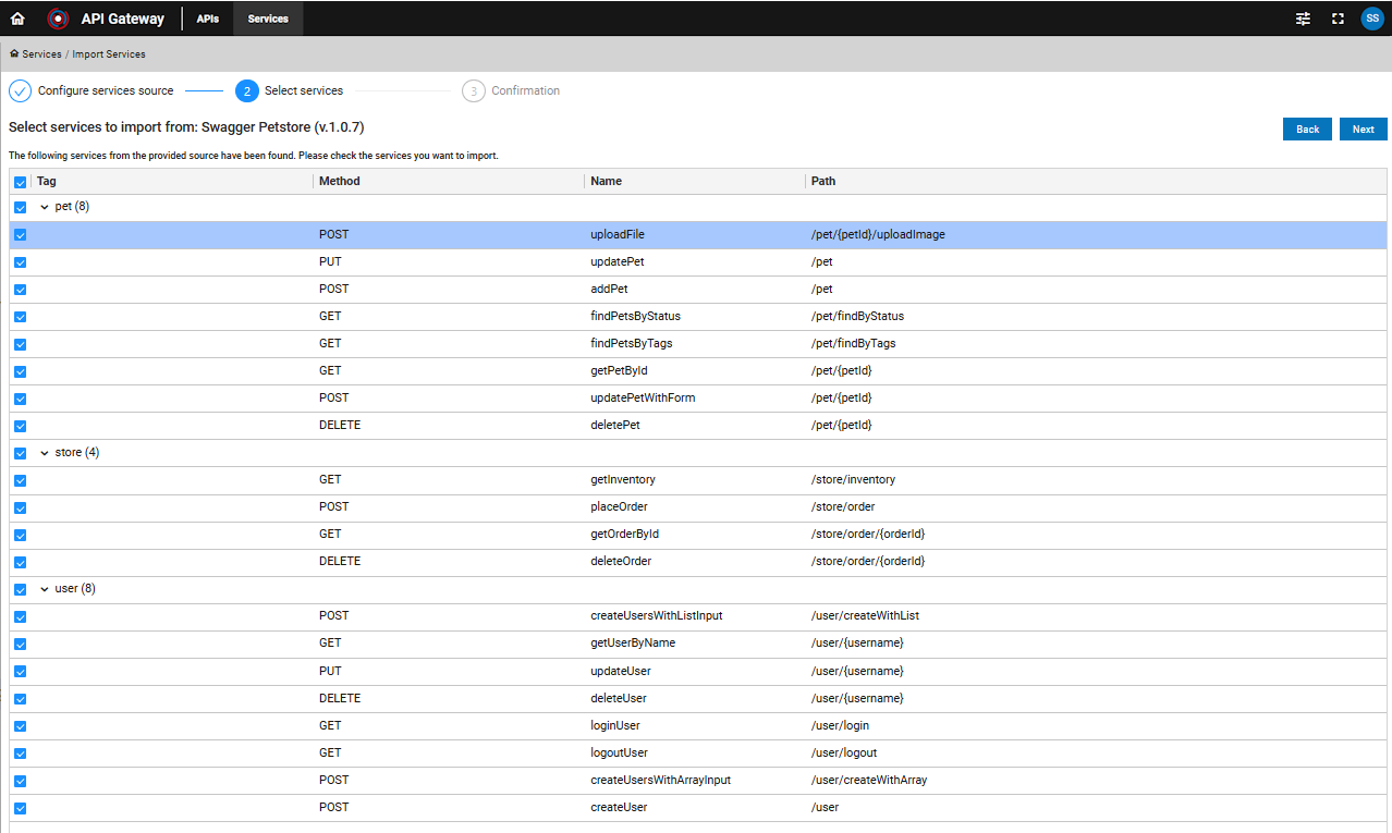 Select Services dialog